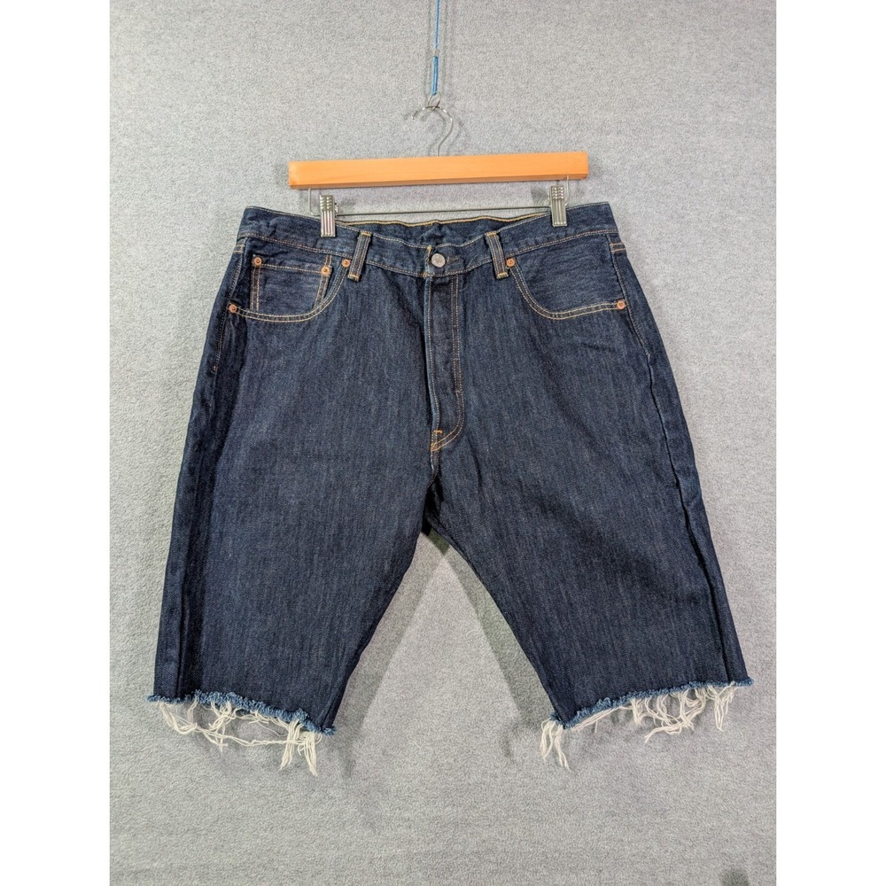 Levis 501 Cut Off Shorts Mens 36 Blue Button Fly Denim Jeans Dark Wash Frayed